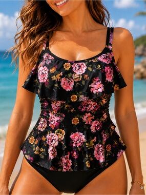 Summer Mae Black Floral Tankini Top NWT Size L Tummy Control